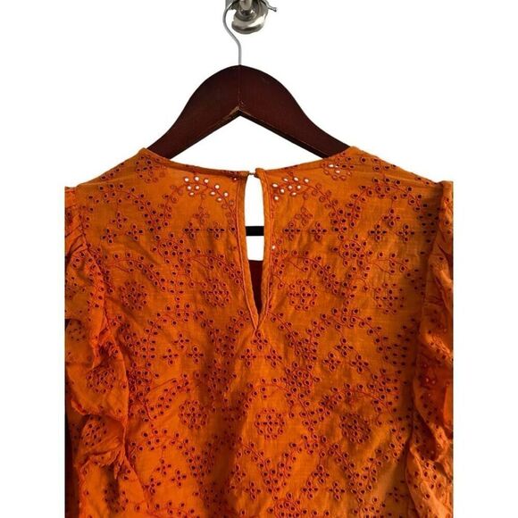The GREAT. Eyelet Ruffle Flutter 3/4 Sleeve Top  Spice Orange Size 2 M Peasant - Picture 12 of 15